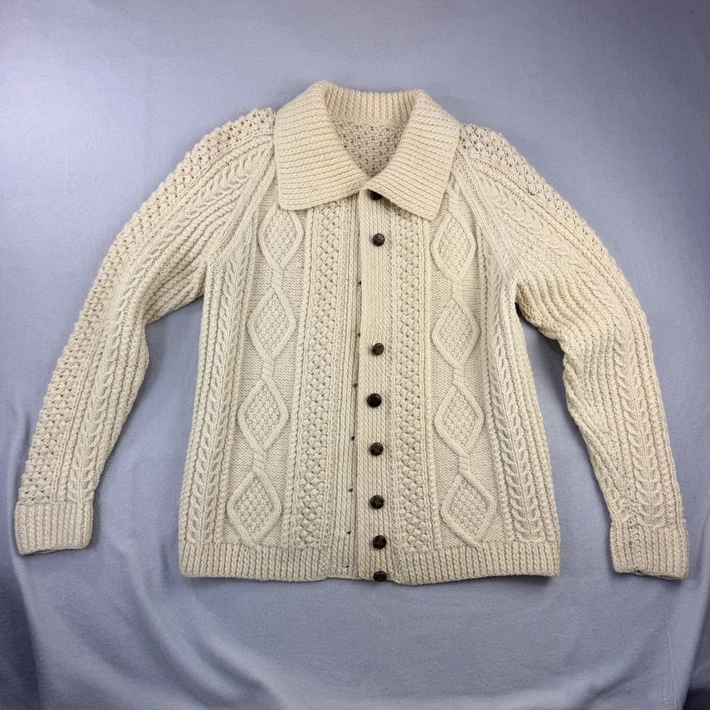 Vintage Fisherman Hand Knit Wool Cardigan Cream Cable Knit Sweater Spread Collar